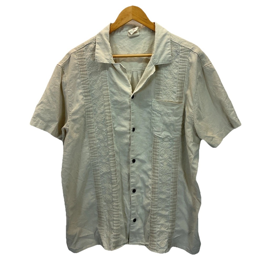 Dandy Del Mar‎ Shirt Mens 2XL Beige Linen Camp Guayabera Cuban Embroidered
